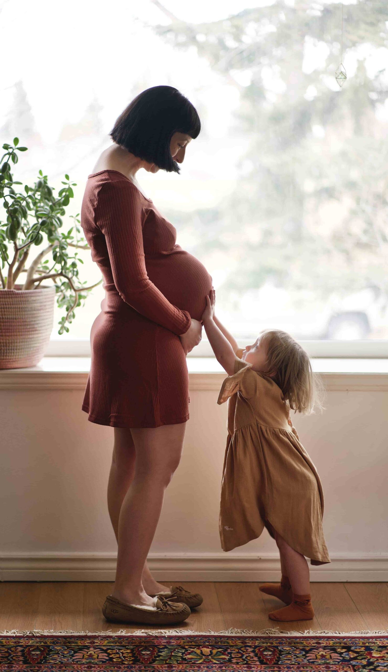 Calgary maternity photographer image of an expectant mother and her toddler at a window