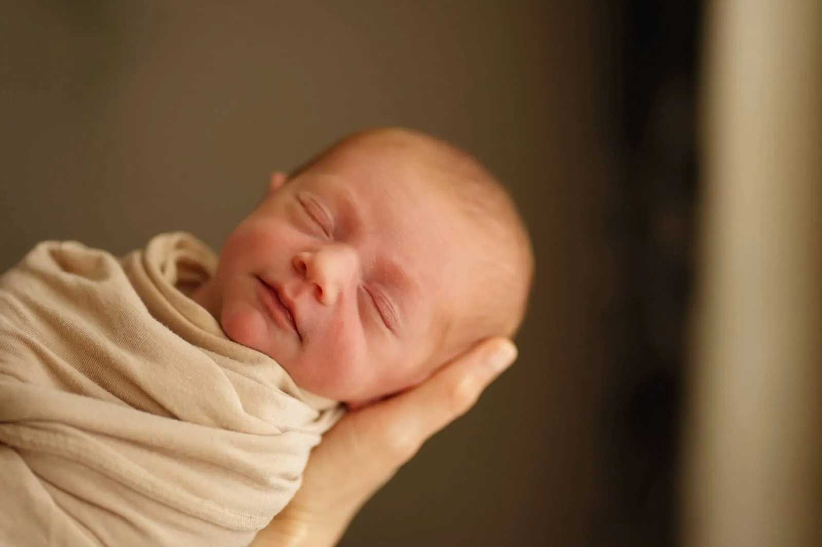 Newborn wrapped in a cream swaddle, cradled in a parent's hands