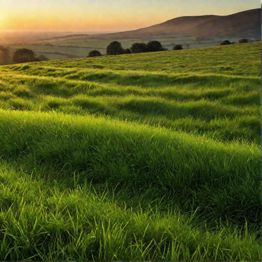 Rolling green hills bathed in the light of sunset