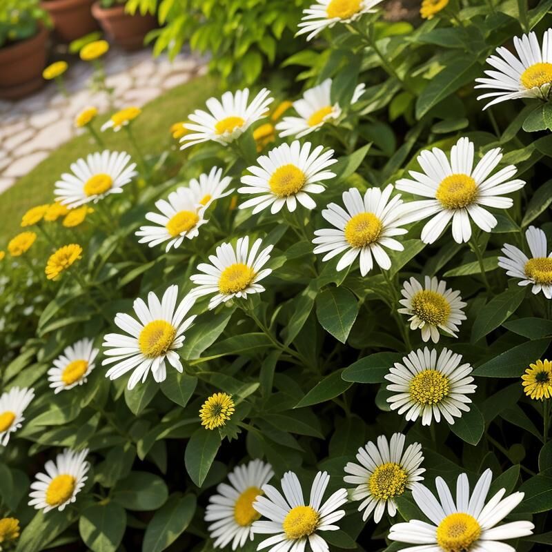 White daisies blooming in a garden bed