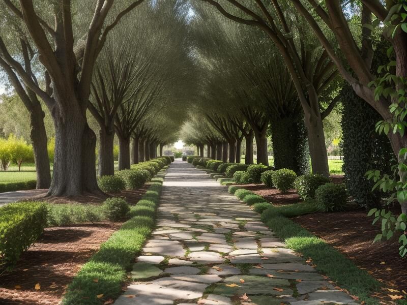A stone path lined with arching trees in a park