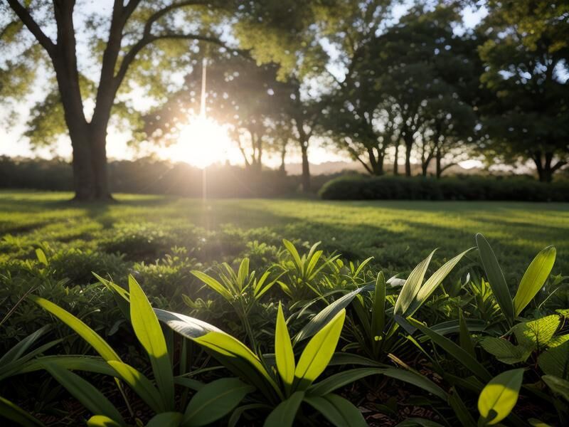 The sun rising over a quiet, grassy park