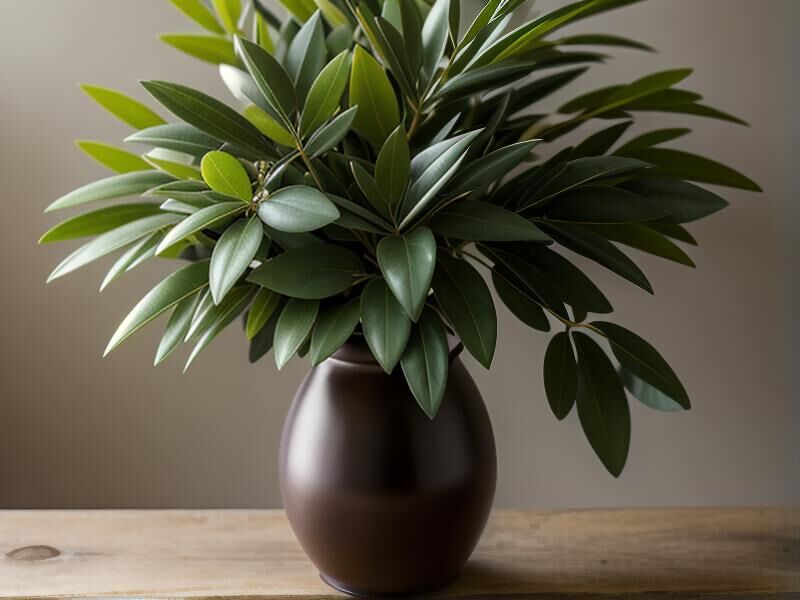 Leafy green branches arranged in a dark ceramic vase