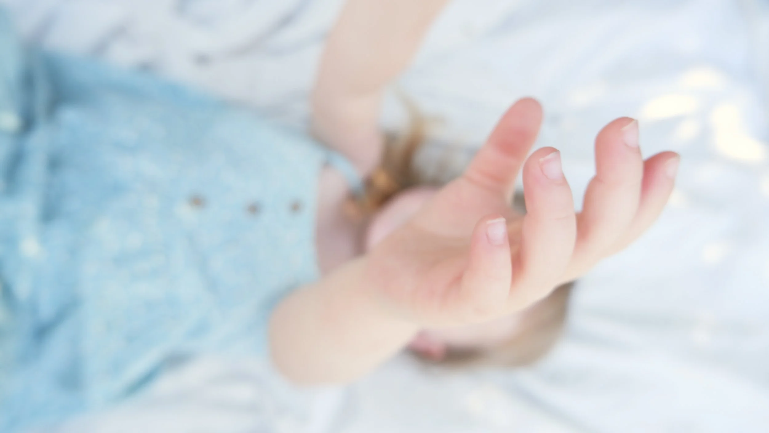 Soft-focus close-up of a small child's hand reaching across a sunlit blanket during a family photography session